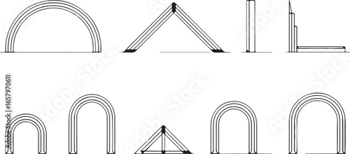 Collection of architectural arches and geometric shapes isolated on a white background