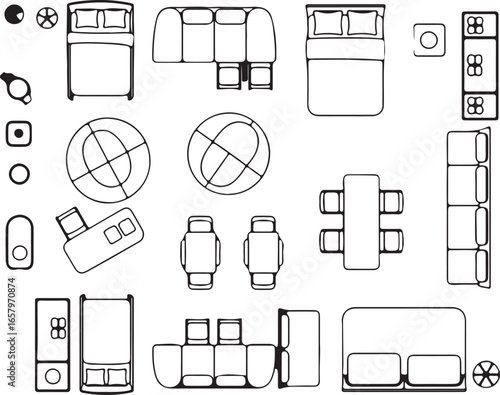 Flat Icons Overhead View of Furniture and Fixtures for Interior Design