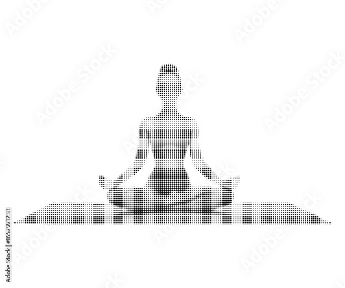 Halftone illustration of a woman meditating in lotus pose, yoga practice, mindfulness, retro black and white dotted style, vintage pop art effect, isolated on white background.