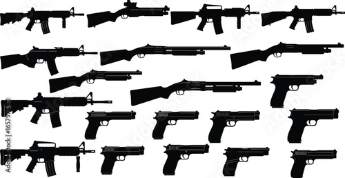 Firearm silhouette icon set with rifles, shotguns, and handguns in black, organized by type and shape