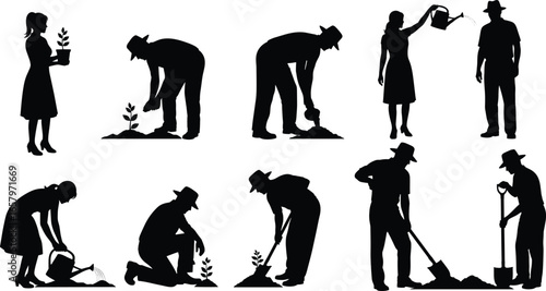 Gardening silhouette icon set with 8 black figures planting, watering, and digging in outdoor poses