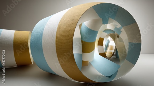 Abstract architectural design featuring interconnected, cylindrical shapes with horizontal stripes of gold, light blue, and white.