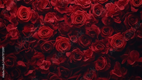 Close-Up of Red Roses. Rich Red Roses Texture. Love and Romance: Full Frame of Dark Red Roses