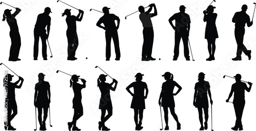 Golfer silhouettes set — men and women playing golf, swinging clubs, and posing in various action positions for sports design projects