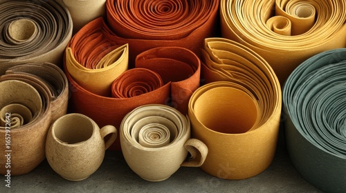 A captivating arrangement of rolled, patterned fabric strips in warm and cool hues creates an intricate and visually interesting composition.