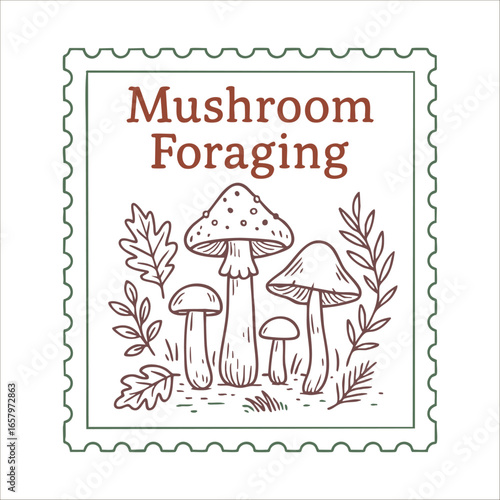 mushroom foraging fall stamp with forest mushrooms and leaves in rustic postal frame with seasonal text, botanical postal art vector illustration concept for autumn stationery and holiday design