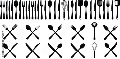 Kitchen utensil silhouette set with forks, spoons, knives, whisk, spatulas in crossed and upright styles