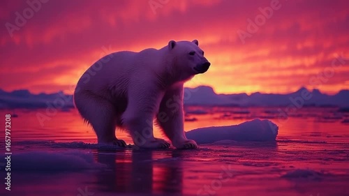 Polar bear on ice at vibrant sunset