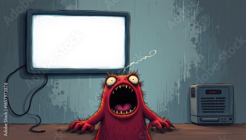 create a digital illustration featuring a shocked monster at the bottom of the image, looking up at a puter screen in fear