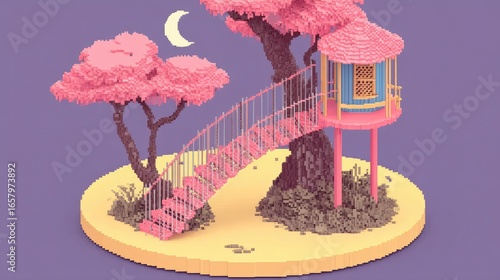 A whimsical pixel art scene depicts a whimsical treehouse nestled amongst a blossoming tree, elevated on stilts above a circular island, bathed in pastel hues, evoking a serene and enchanting night...
