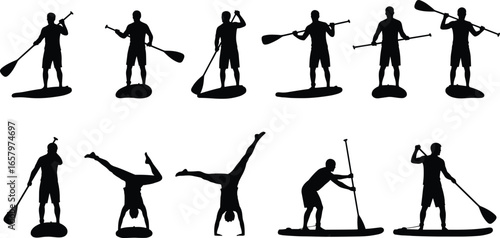 Paddleboard silhouette icon set with 10 black figures in dynamic poses and paddling actions