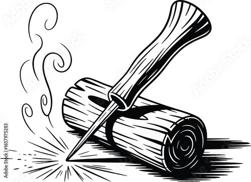 Vintage illustration of wood carving with a chisel and wood chips