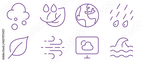 Collection of simple outline icons depicting various weather phenomena and nature elements