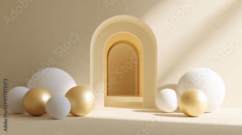 Fototapeta Naklejka Na Ścianę i Meble -  Beige tunnel portal with spheres in sunlight, geometric scene, soft textures