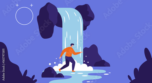 Man walking through a cascading waterfall in a stylized natural landscape, symbolizing progress, overcoming challenges, and a refreshing journey forward.