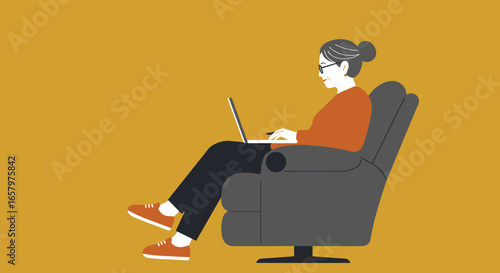 An elderly woman with glasses comfortably uses a laptop in an armchair. Depicts senior tech adoption, online learning, remote work, and modern active aging.