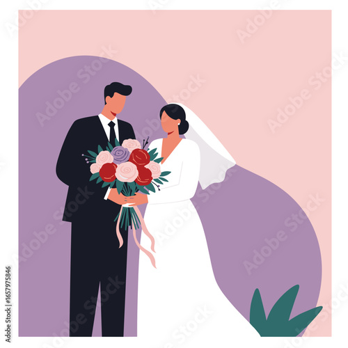 Elegant flat illustration of a happy bride and groom on their wedding day, embracing love and commitment. Ideal for celebrations, invitations, and relationship concepts.
