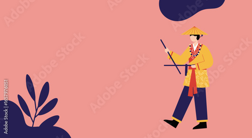 Illustration of a person in traditional Asian folk attire with a conical hat and sticks. Cultural performance, travel, or traditional arts concept.