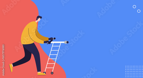 Illustrated man uses a large telescope on a ladder to look forward, symbolizing vision, future planning, and discovery for business.