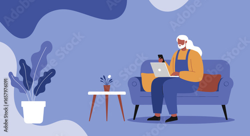 Senior person comfortably works remotely using a laptop and smartphone on a sofa. Depicts modern work-life balance, digital communication, and connectivity.