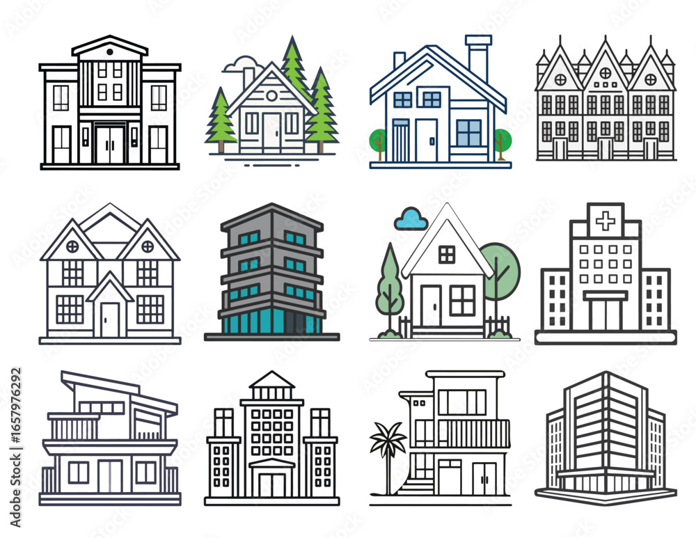 Fototapeta premium Real Estate and Architecture Outline Icon Set Vector Collection