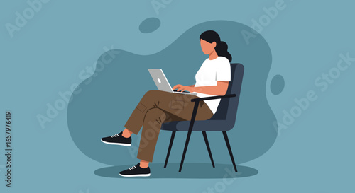 Woman working remotely on laptop from a comfortable chair. Ideal for business, technology, and online learning concepts.