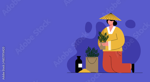 Illustration of a person in traditional attire with a conical hat, caring for a potted plant. Depicts gardening, horticulture, sustainable living, and cultural hobbies.