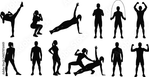 Set of 12 fitness silhouette icons with men and women performing various exercises and training poses
