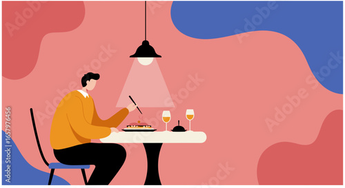 Minimalist illustration of a man enjoying a meal with pasta and wine at a modern restaurant. Represents dining, lifestyle, and relaxation.