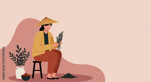 Person in traditional conical hat sorting fresh herbs or tea leaves. Highlights sustainable practices, cultural heritage, and natural products.