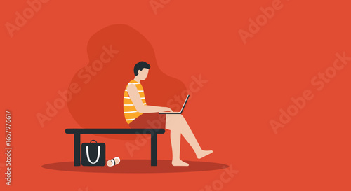A man in casual clothes works on his laptop, embodying remote work and digital nomad lifestyle. Ideal for technology, business, or travel concepts.