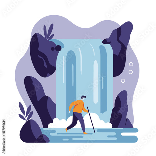 A man explores a serene natural landscape, walking past a beautiful waterfall. Ideal for travel, adventure, and outdoor lifestyle concepts.