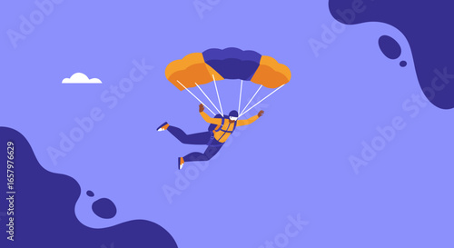 Person with an orange and blue parachute glides through a vibrant purple sky, symbolizing freedom, adventure, and achieving goals. Ideal for concepts of success and daring pursuits.