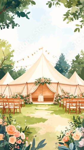 Elegant Wedding Tent with Floral Accents and Wooden Chairs