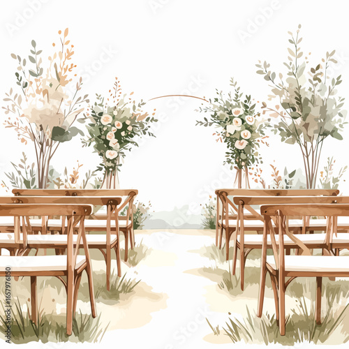 Watercolor illustration of a rustic wedding ceremony with wooden chairs, a floral arch, and lush greenery.