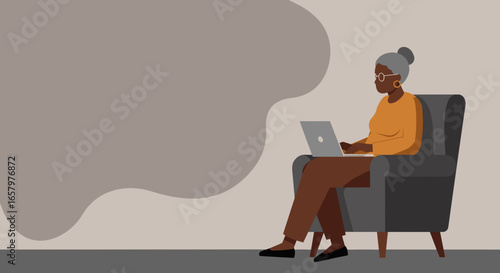 Elderly Black woman comfortably uses laptop, embracing technology for online learning, remote work, or connecting with family. Lifestyle and digital literacy.