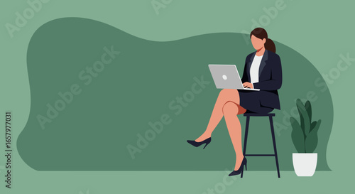 Professional businesswoman focused on her laptop, working remotely or in a modern office. Ideal for concepts of productivity, digital work, and career.