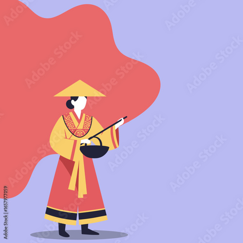 Illustration of an Asian person in traditional cultural attire with a conical hat and basket. Represents heritage, travel, and traditional lifestyle.