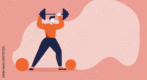 A strong man lifts a heavy barbell overhead, symbolizing strength, fitness, and personal achievement. Ideal for health, wellness, and self-improvement concepts.