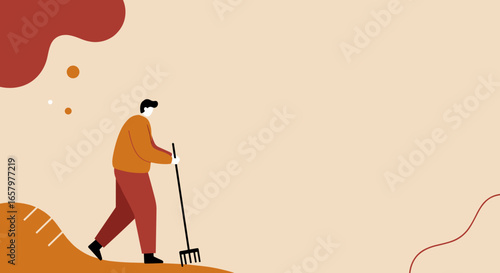 Minimalist illustration of a person raking, symbolizing gardening, farming, or landscaping work. Ideal for agriculture, sustainability, or outdoor lifestyle concepts.