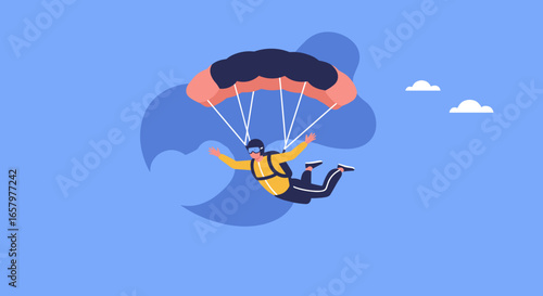A skydiver with an open parachute gracefully descends through a clear blue sky, embodying adventure, freedom, and thrilling lifestyle or travel experiences.