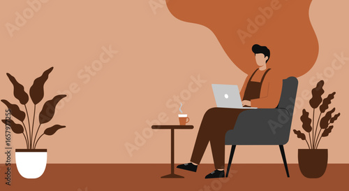 Man working comfortably on laptop at home or remote office, enjoying coffee amidst plants. Ideal for business, freelance, and modern lifestyle themes.