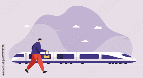 Man walking with luggage near a modern high-speed train, representing efficient business travel, daily commute, or personal journey by rail.