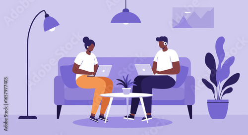 Diverse individuals using laptops remotely in a comfortable, modern setting. Ideal for concepts of remote work, online learning, and digital collaboration.