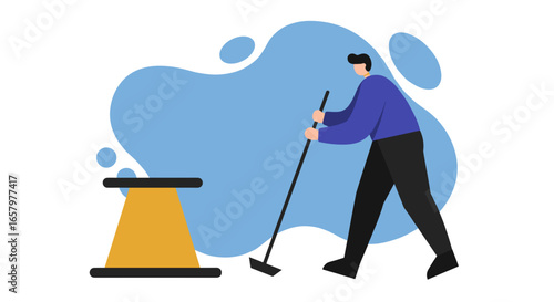 Minimalist illustration of a man cleaning with a broom, symbolizing maintenance, hygiene, and diligent work. Ideal for cleanliness or service concepts.