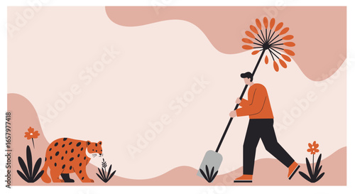 Man planting in a peaceful natural environment alongside a leopard, symbolizing growth, conservation, and connection with wildlife.