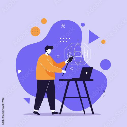 Man using digital tools for virtual design or spatial computing. Illustrates innovation, technology, creativity, and future business solutions.