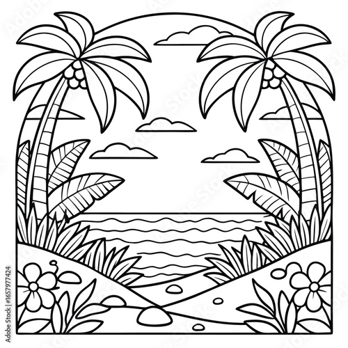 Coloring book tropical landscape. Hand-drawn vector illustration with separate layers, featuring exotic scenery, palm trees, nature, perfect for creative art, relaxation, and educational activities.