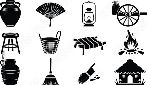 Collection of vintage rustic objects and tools in silhouette style