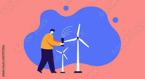 Man controlling wind turbines, symbolizing renewable energy, sustainability, and clean technology for environmental progress.